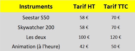 Tarifs RétroSpin Garage pour la location d'un télescope 203/1200 ou d'une lunette S50 Seestar