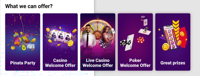 Offer cards—Pinata Party; Casino, Live Casino, and Poker welcome offers; Great prizes