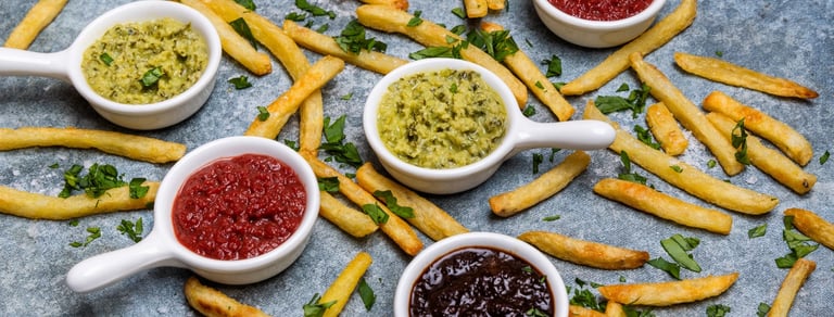Sustainable plant-based sauces displayed in small white dishes with potato chips surrounding