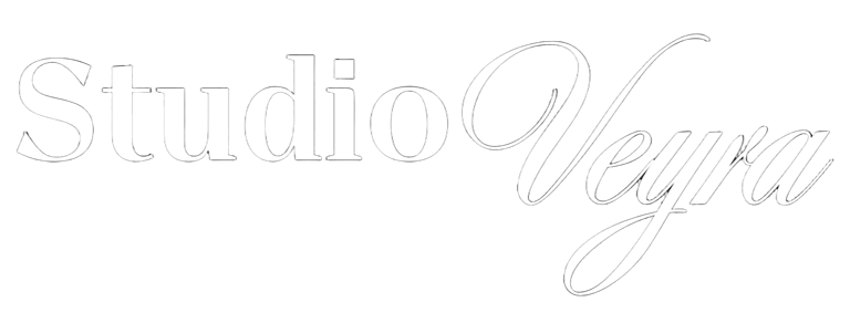 Studio Veyra minimalist white logo with elegant serif and script fonts on a black background.