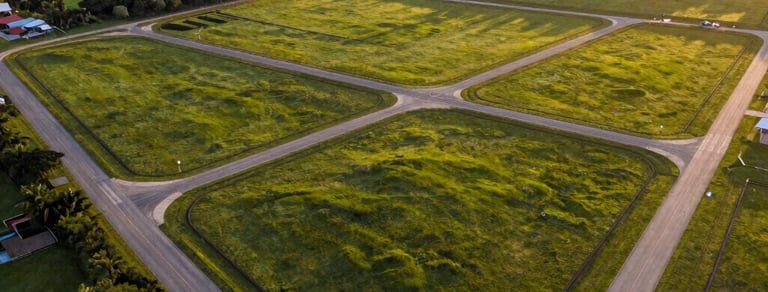 Elevated drone shot of a lush green planned land development in Pará at sunset, showing clean paved roads and neatly demarcated lot boundaries, warm golden light reflecting off the rich soil.
