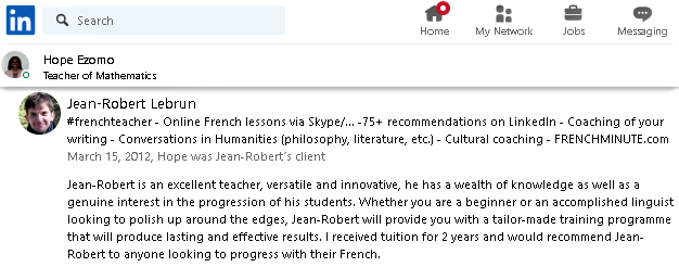 Example 7 of LinkedIn recommendations written for French teacher Jean-RobertLebrun