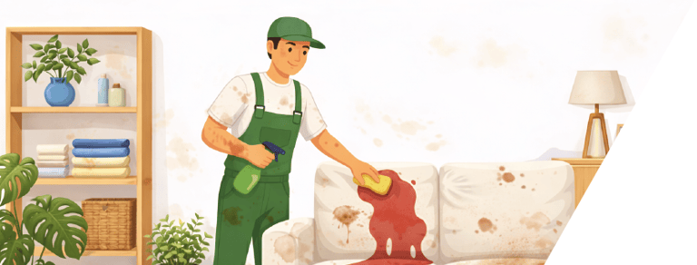 Operario limpiando manchas en un sofá blanco.