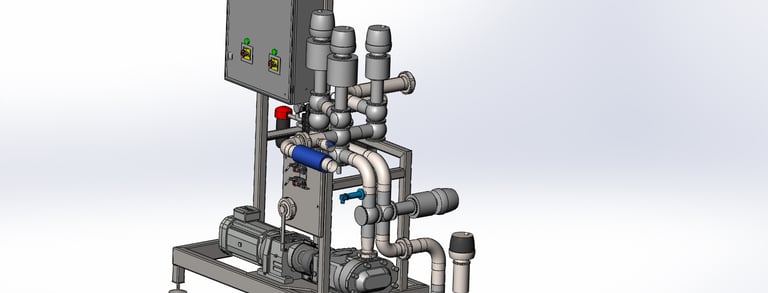 Industrial fluid processing skid with pump, electrical control panel, and stainless steel piping.