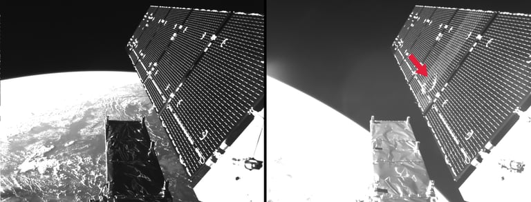 Sentinel-1A’s solar array before and after the impact of a millimetre-size particle.