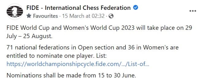 FIDE World Cup and Women's World Cup 2023. FIDE Chess