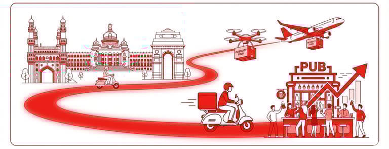 Indian skyline illustration showing intercity food delivery via scooter, drone, and airplane logistics.