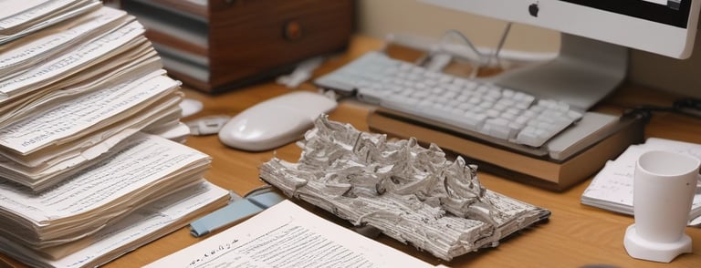 a desk holding a pile of scripts, and a pc turned on showing a script