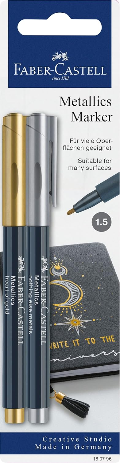 Faber-Castell gold and silver metallic markers in blister packaging for calligraphy and crafts.