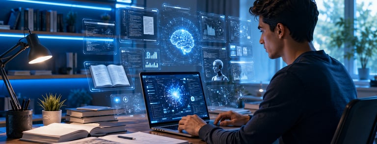 University student using multiple AI tools on a laptop for studying, research, and academic producti