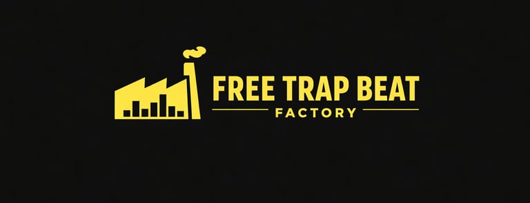 Free Trap Beat Factory brand banner, yellow industrial logo and bold typography on dark background.