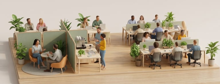 A 3D isometric render of a modern open-plan office with diverse employees working at desks and collaborating.