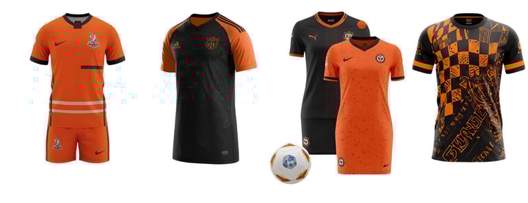 a group of soccer players wearing orange and black uniforms