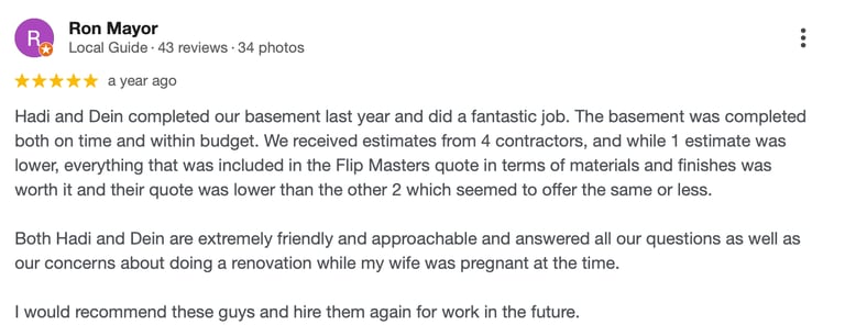 Five-star Google review for Flip Masters basement renovation contractors and home remodeling services.