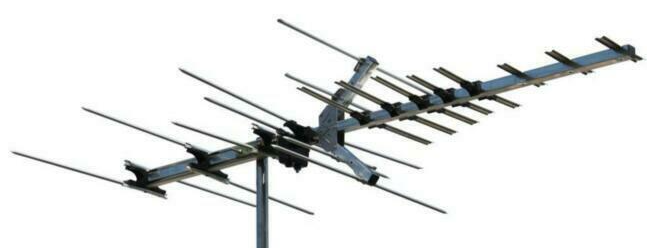 Multi-element outdoor digital TV antenna for high-definition signal reception.