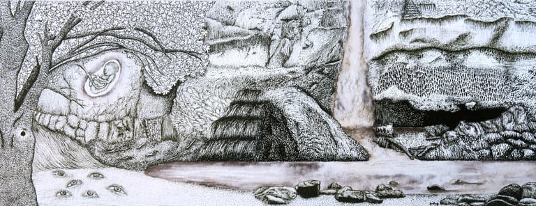 Ink and watercolor artwork of a fetus attached to a tree next to a waterfall