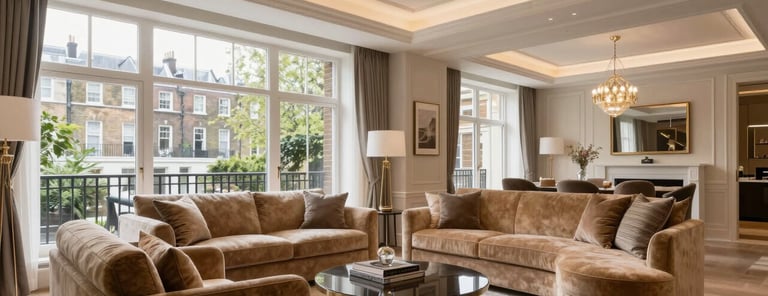 Luxury apartment interior in Kensington, London, featuring high ceilings, large windows, elegant tan furniture, and professional, soft lighting.