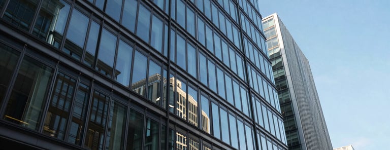 Photography of a sleek, contemporary commercial glass building in the City of London, reflecting a bright blue sky, conveying professional growth and urban success.