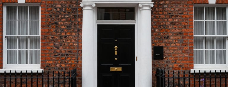 Exterior photography of a classic red-brick Georgian townhouse in Marylebone, London, with a traditional black front door and polished brass hardware.