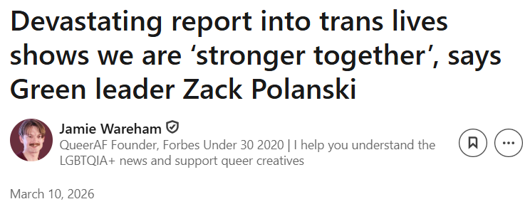 Devastating report into trans lives shows we are ‘stronger together’, says Green leader Zack Polansk