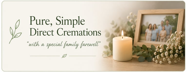 Memorial display for direct cremations service featuring a lit candle and framed family photo.