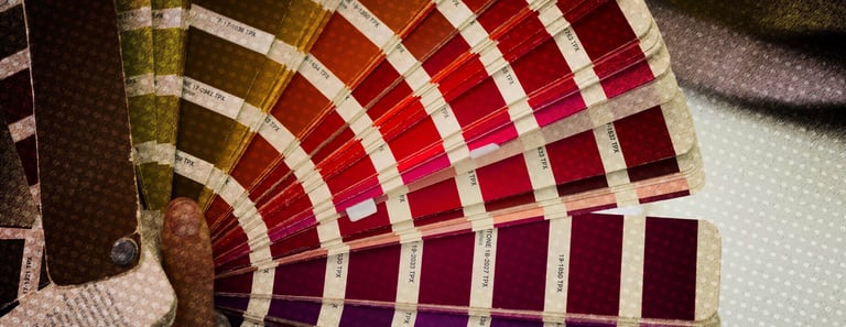 Sélection de palettes de couleurs et de références Pantone pour un projet d'impression.