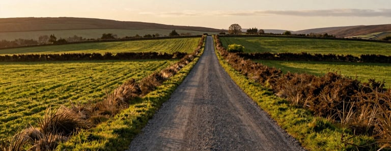 Wide panoramic environmental shot of Arran Elderslie farmland at golden hour, a gravel road cutting through fields, soft warm daylight, 35mm