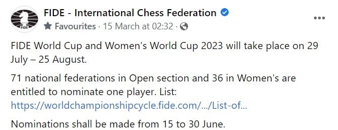 FIDE World Cup and Women's World Cup 2023. FIDE Chess