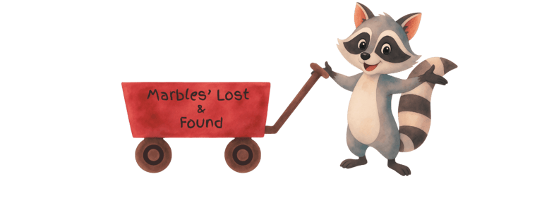Marbles the racoon and his lost and found wagon