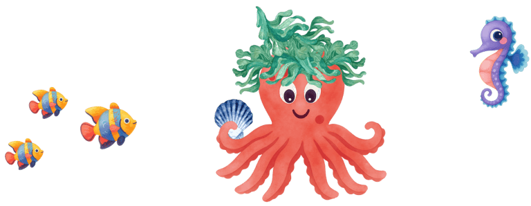 Octavio the octopus has seaweed on his head and is surrounded by fish and a seahorse.