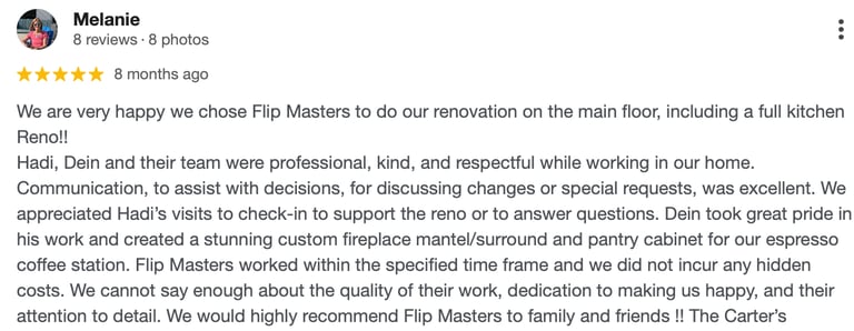 Five-star customer review for Flip Masters highlighting a full kitchen renovation and custom fireplace mantel.