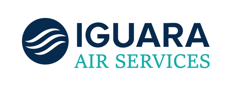 Iguara Air Services logo featuring dark blue text and a circular wave icon for aviation and travel.