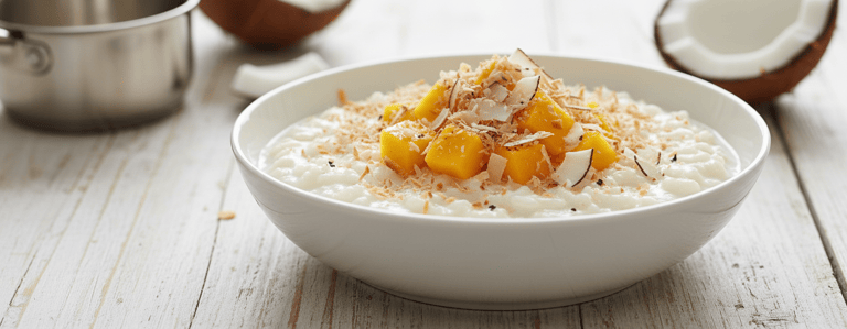 Creamy homemade coconut rice pudding topped with mango and toasted coconut, served in a bowl on a wo