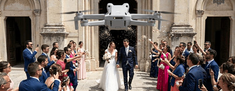 dron grabando novios saliendo de la iglesia en una boda, grabacion con dron en bodas, eventos, bautizos comuniones y bodas.