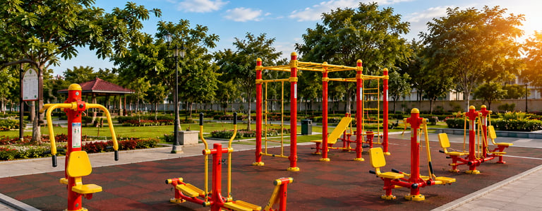 An outdoor gym with colorful red and yellow fitness equipment on a rubber floor in a sunny public park.