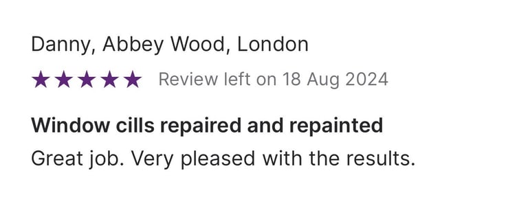 Five-star customer review for window cill repair and painting services in Abbey Wood, London.