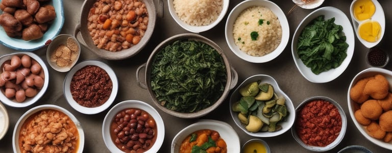variedades de comidas postas em uma mesa. legumes, grãos, caldos 