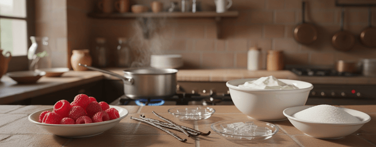 Zutaten für klassisches Panna Cotta Rezept mit Sahne, Vanille und Gelatine auf Holztisch in italieni