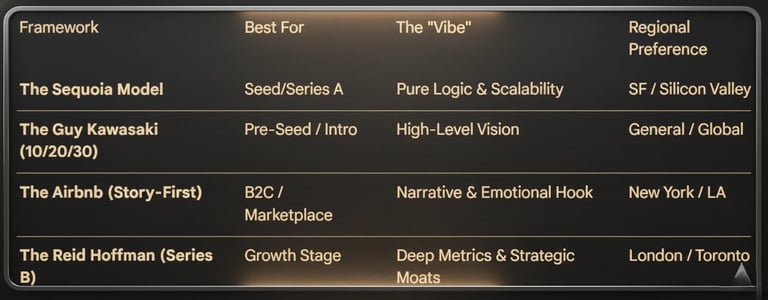  A table comparing four pitch deck frameworks (Sequoia, Guy Kawasaki, Airbnb, and Reid Hoffman) base