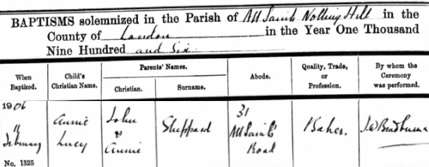 Annie Lucy Sheppard Baptism 11 February 1906 Notting Hill