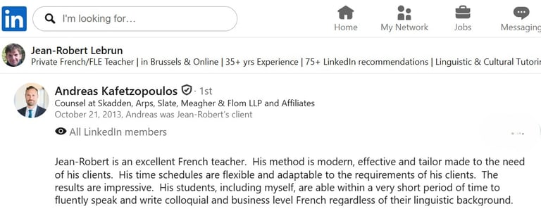 LinkedIn recommendation for a French teacher highlighting professional language tutoring services.
