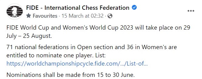 FIDE World Cup and Women's World Cup 2023. FIDE Chess