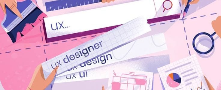 Ilustrasi desainer UX yang berkolaborasi dalam merancang pengalaman dan antarmuka pengguna