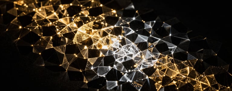 Abstract light-refraction patterns in dark voids, sharp gold specular highlights, quantum precision, low-key lighting