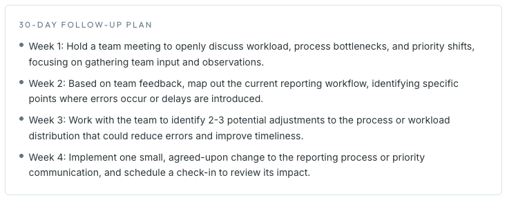 A 30-day follow-up plan outline for team workflow optimization and reporting process improvement.
