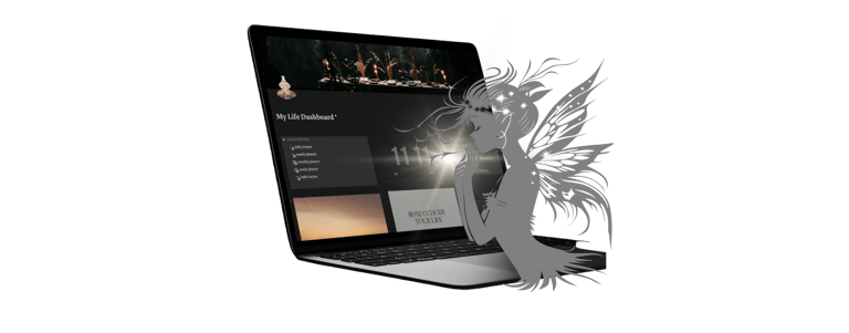 Laptop displaying a My Life Dashboard planner with a mystical fairy illustration on a dark background.