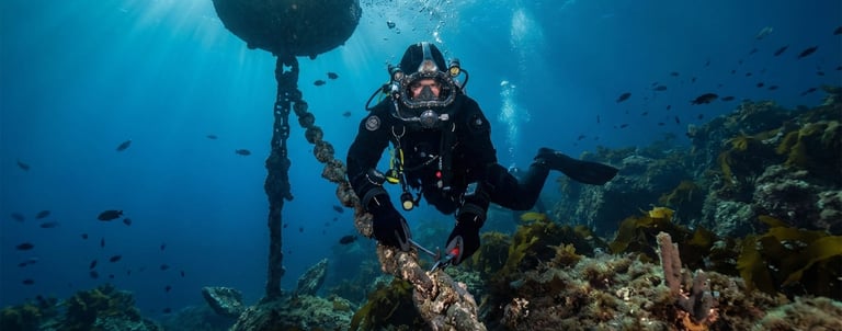 Reparación anclaje submarino de baliza en el mar