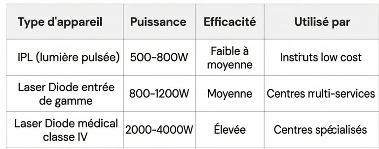 Table comparing IPL and Diode laser hair removal power, efficacy, and usage in clinics.