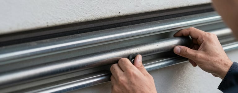 Close-up of garage door roller and metal track hardware, overcast morning light, technician's hands holding a roller off the track showing wear, over-shoulder angle, no staging