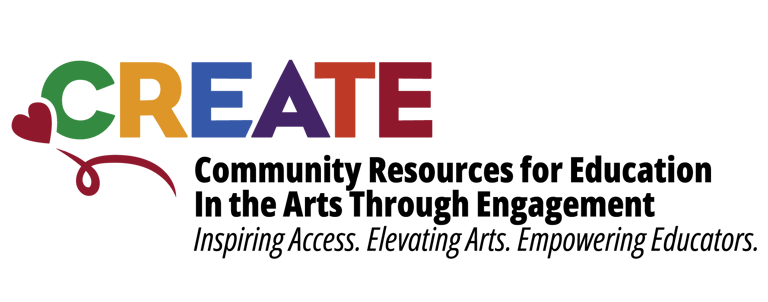 Colorful CREATE logo with rainbow letters and a red heart icon on a black background.